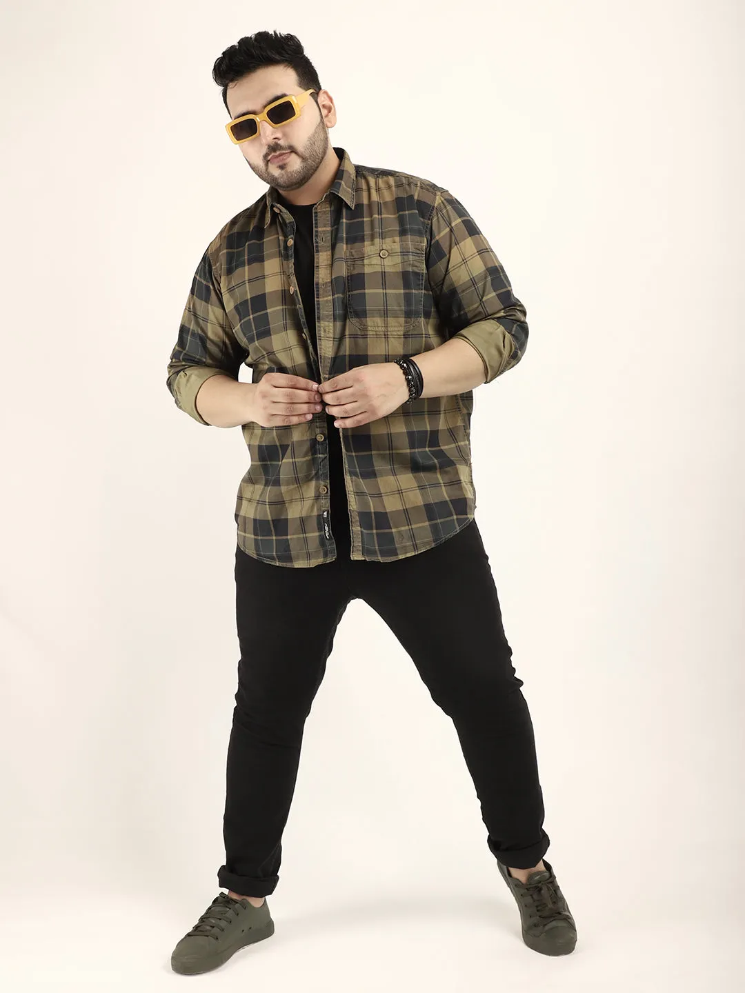 Mini Check Khaki Full Sleeve Plus Size Shirt