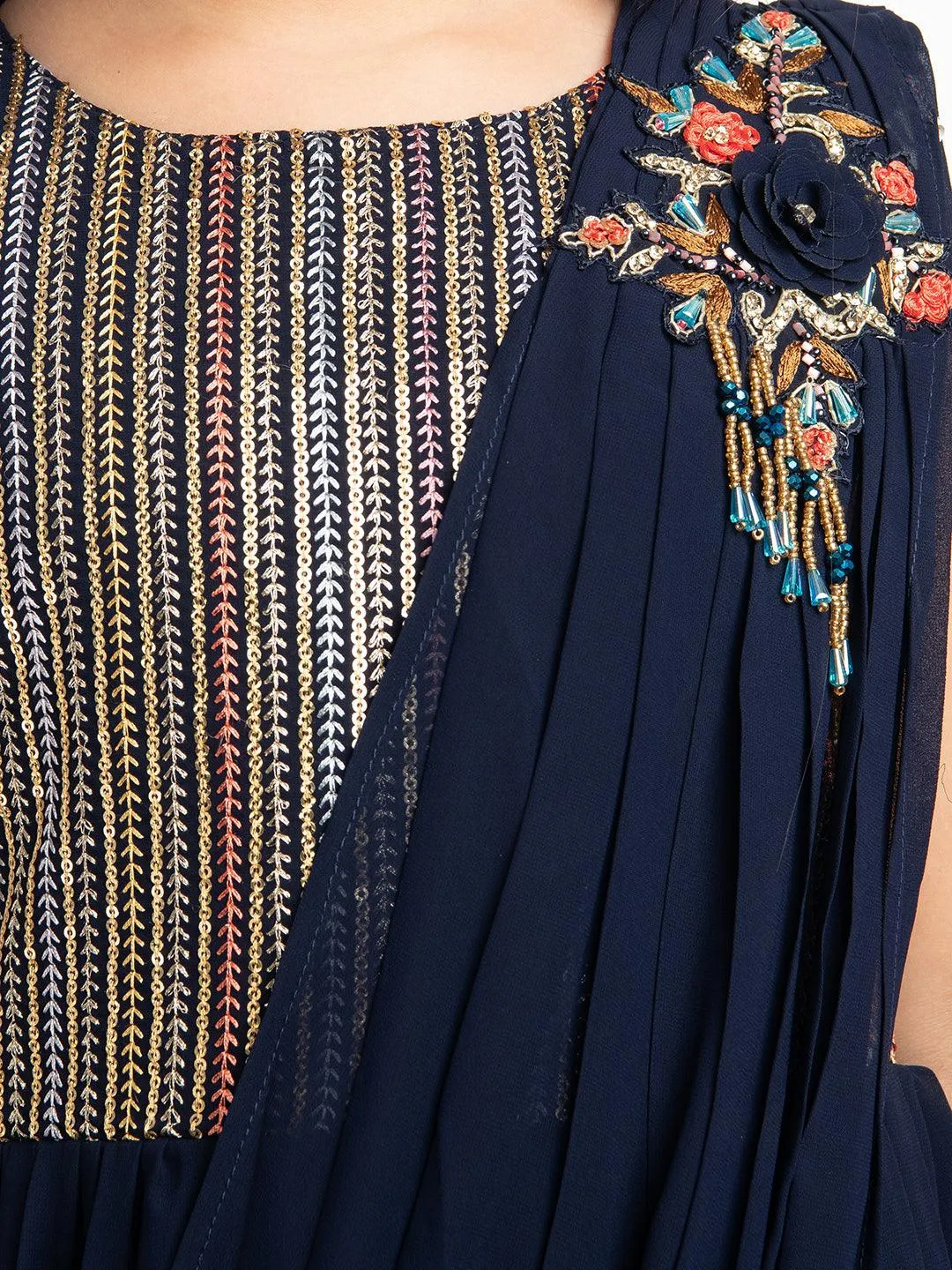 Navy Blue Coloured Embroidered Georgette Saree Style Dupatta Gown For Girls