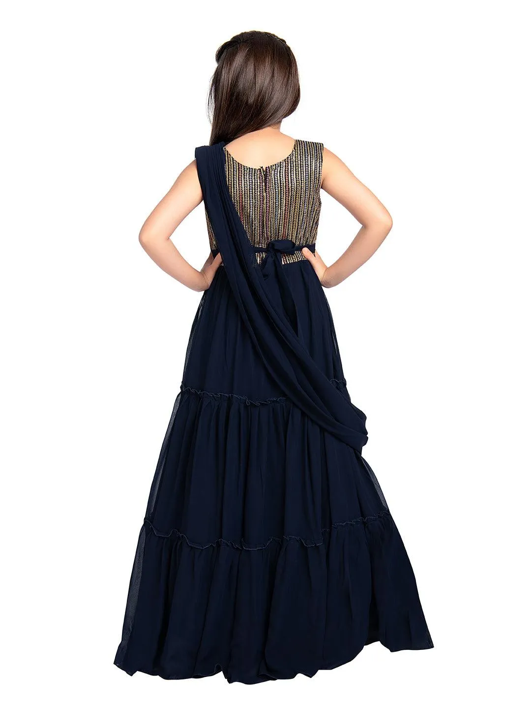 Navy Blue Coloured Embroidered Georgette Saree Style Dupatta Gown For Girls