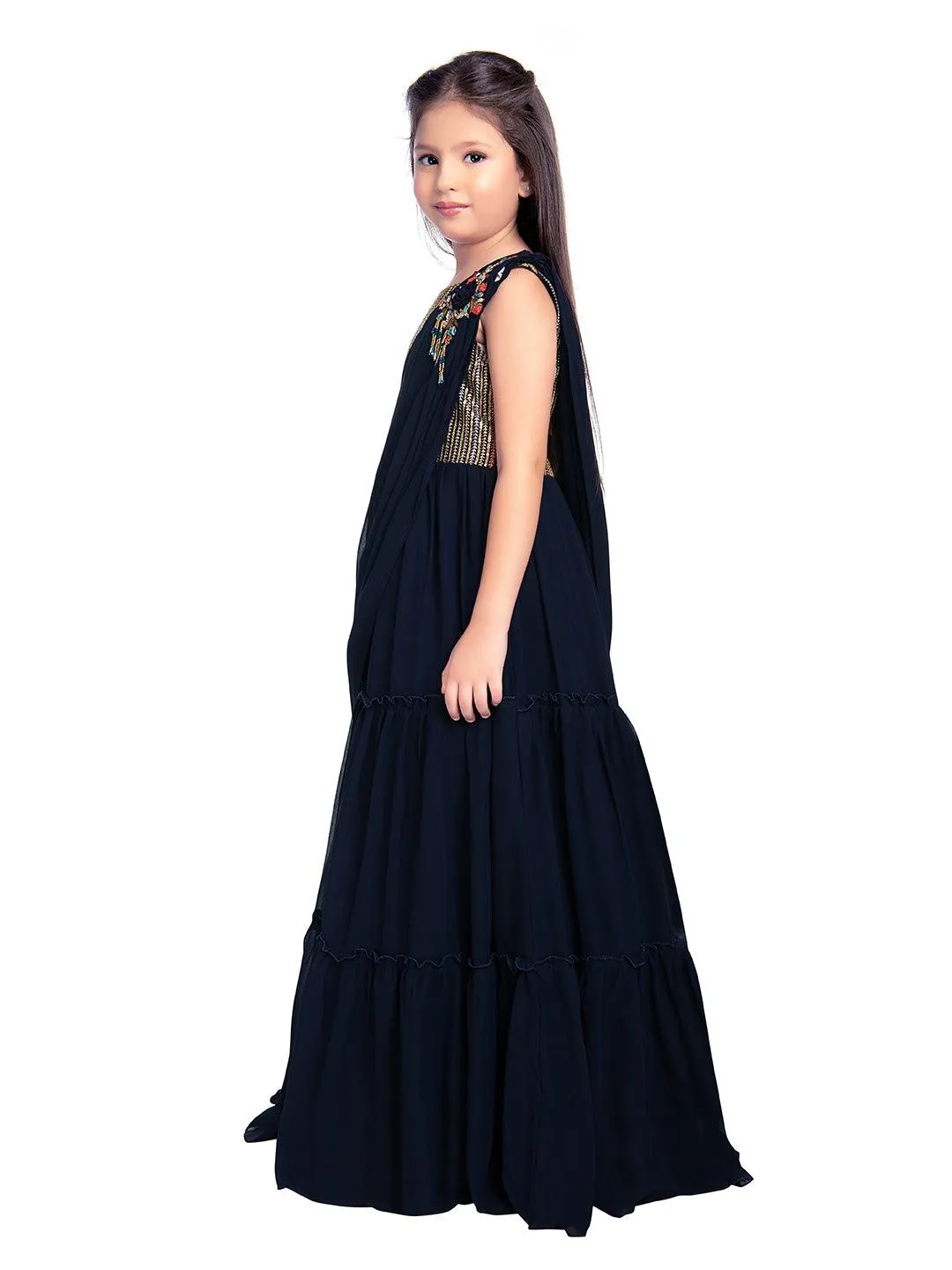 Navy Blue Coloured Embroidered Georgette Saree Style Dupatta Gown For Girls
