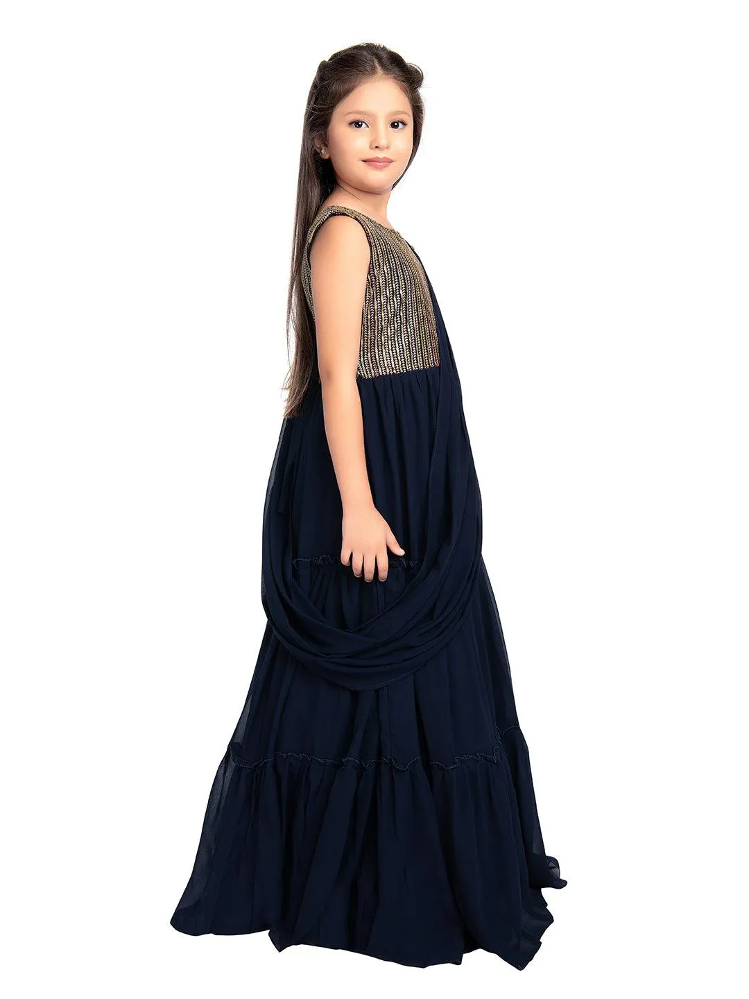 Navy Blue Coloured Embroidered Georgette Saree Style Dupatta Gown For Girls