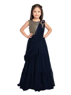 Navy Blue Coloured Embroidered Georgette Saree Style Dupatta Gown For Girls