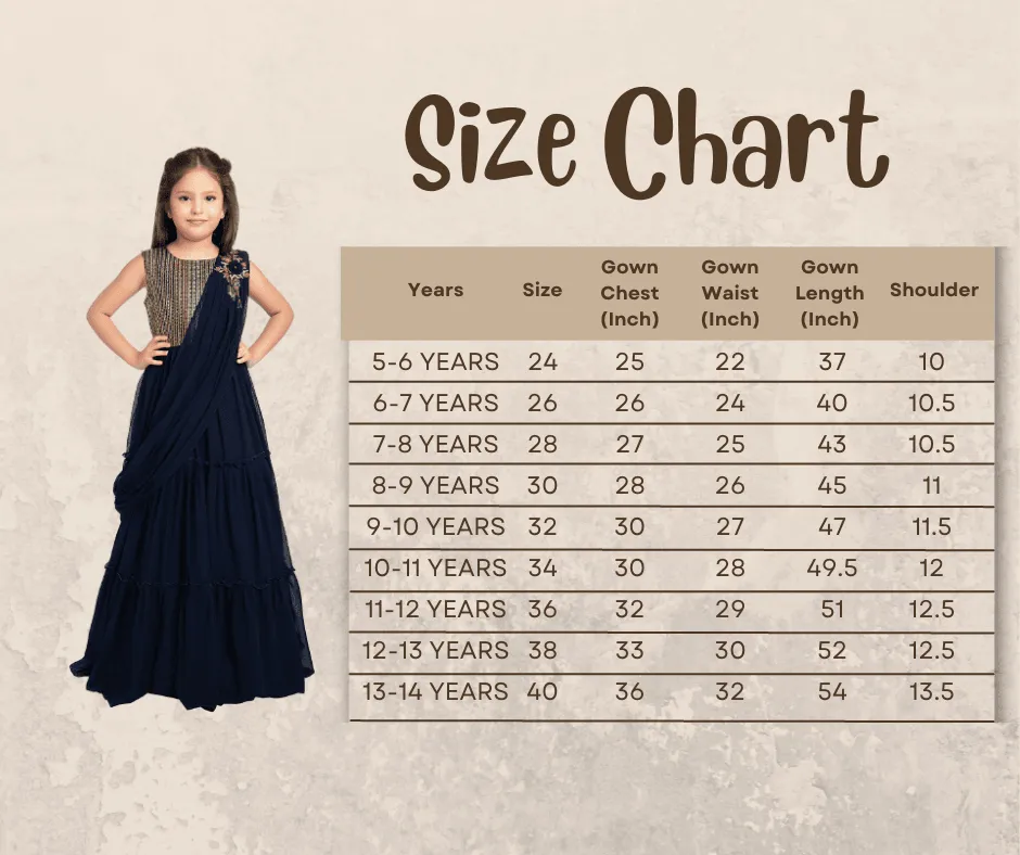 Navy Blue Coloured Embroidered Georgette Saree Style Dupatta Gown For Girls