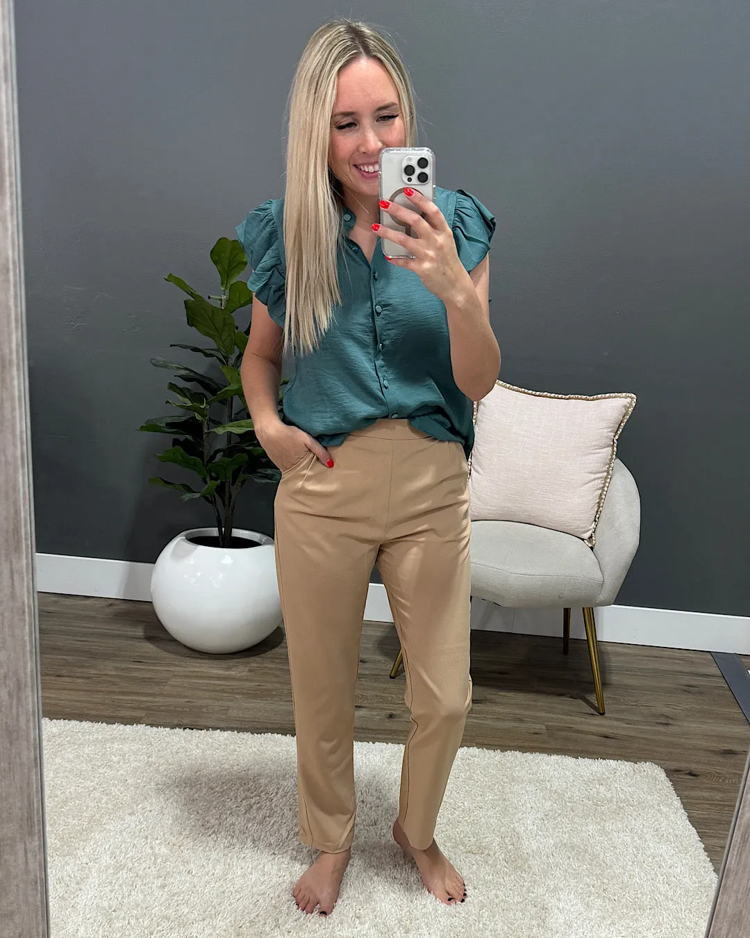 NEW! Sheila Button Down Flutter Sleeve Top - Teal