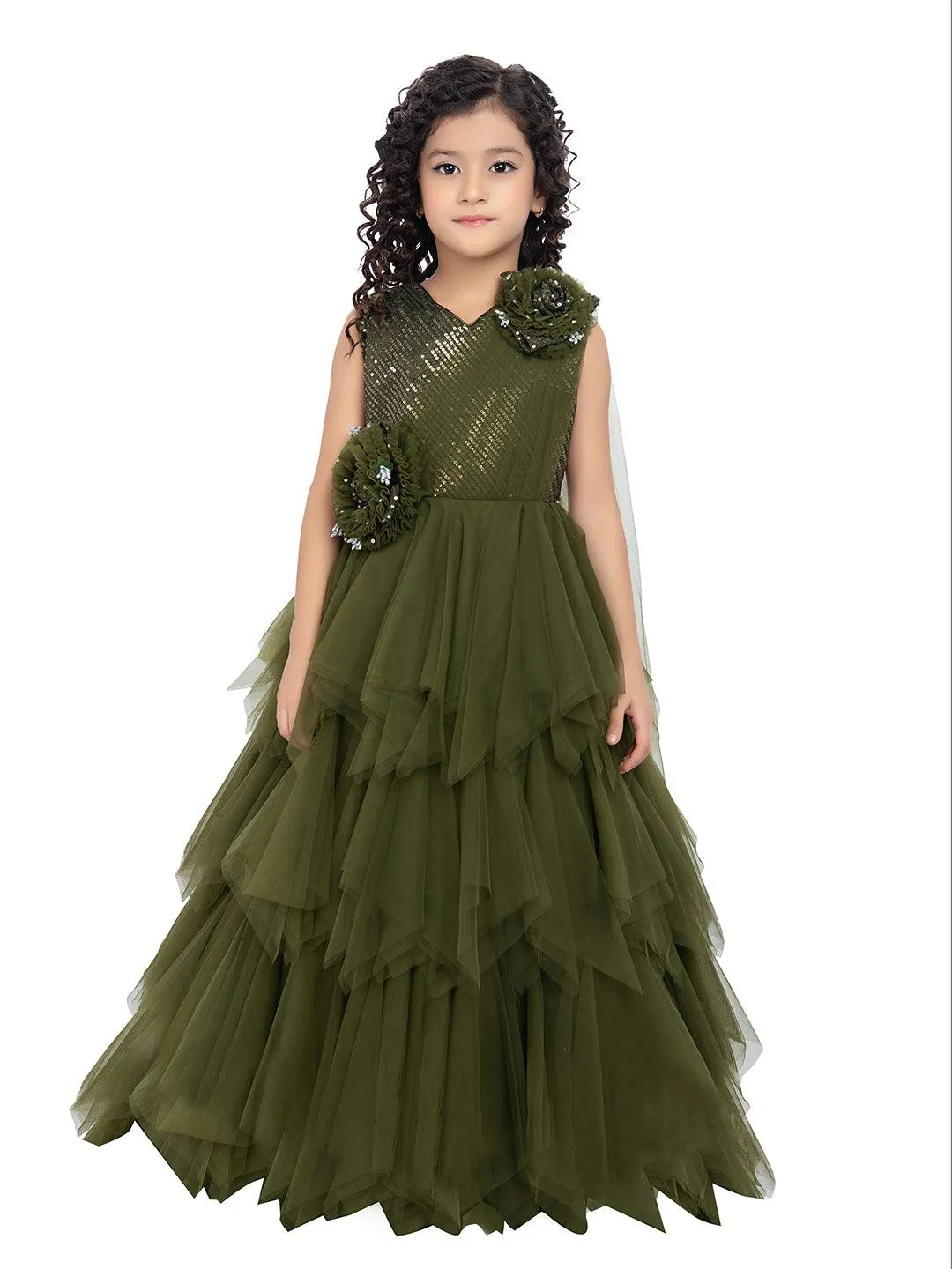 Olive Green Coloured Net Feather Cut Style Gown For Girls