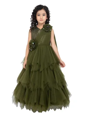Olive Green Coloured Net Feather Cut Style Gown For Girls