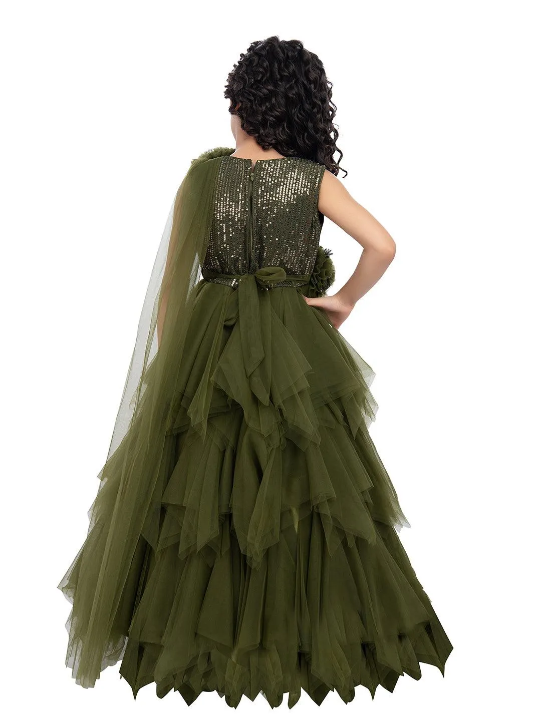 Olive Green Coloured Net Feather Cut Style Gown For Girls