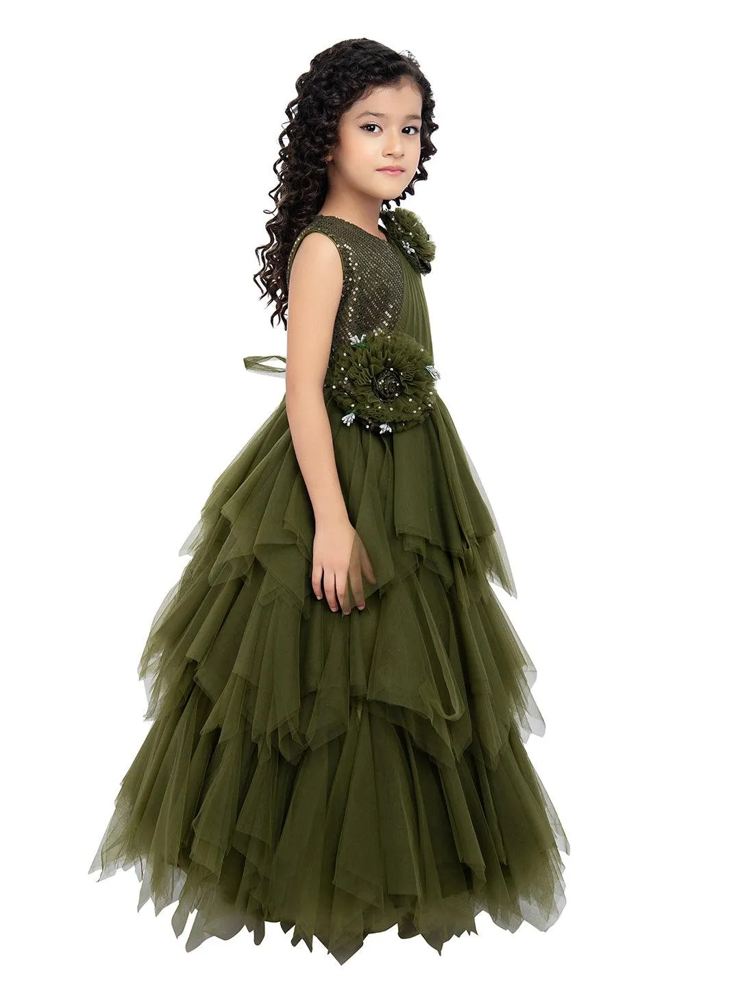 Olive Green Coloured Net Feather Cut Style Gown For Girls