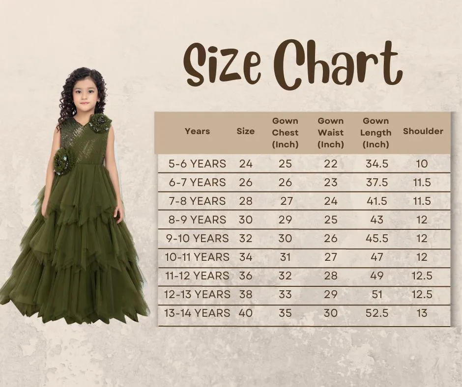 Olive Green Coloured Net Feather Cut Style Gown For Girls