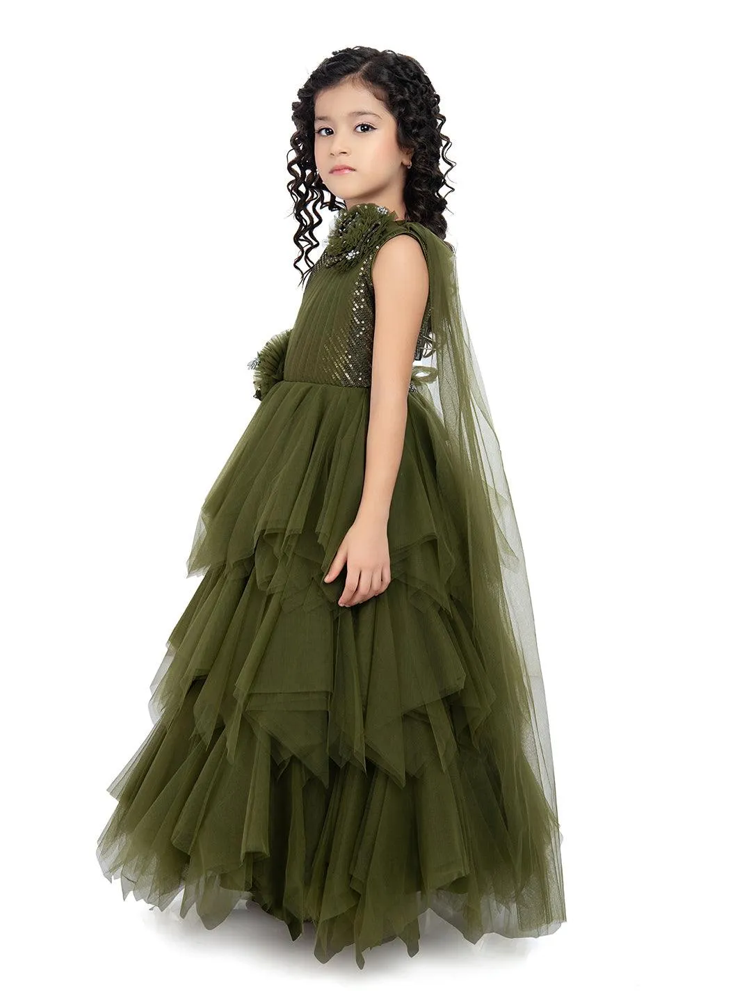 Olive Green Coloured Net Feather Cut Style Gown For Girls