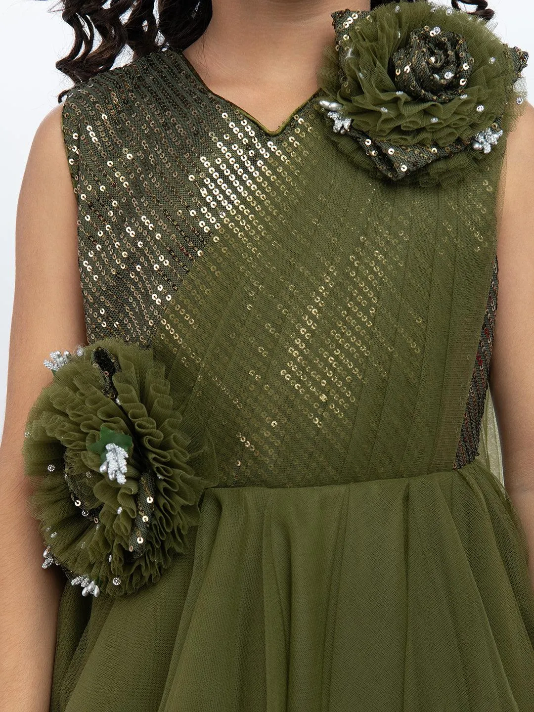 Olive Green Coloured Net Feather Cut Style Gown For Girls