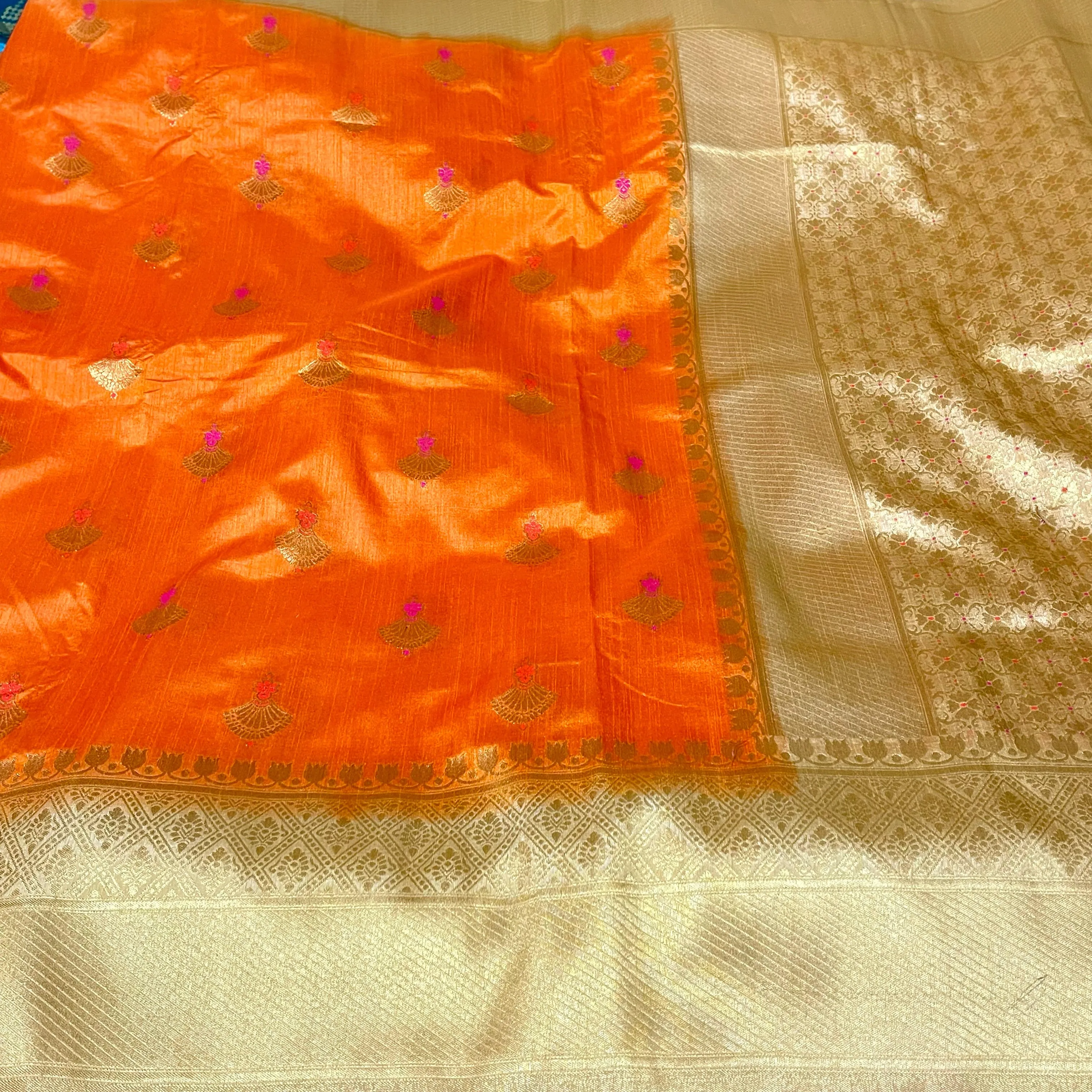 Orange and Gold Banarasi Jute silk saree with stitched Blouse