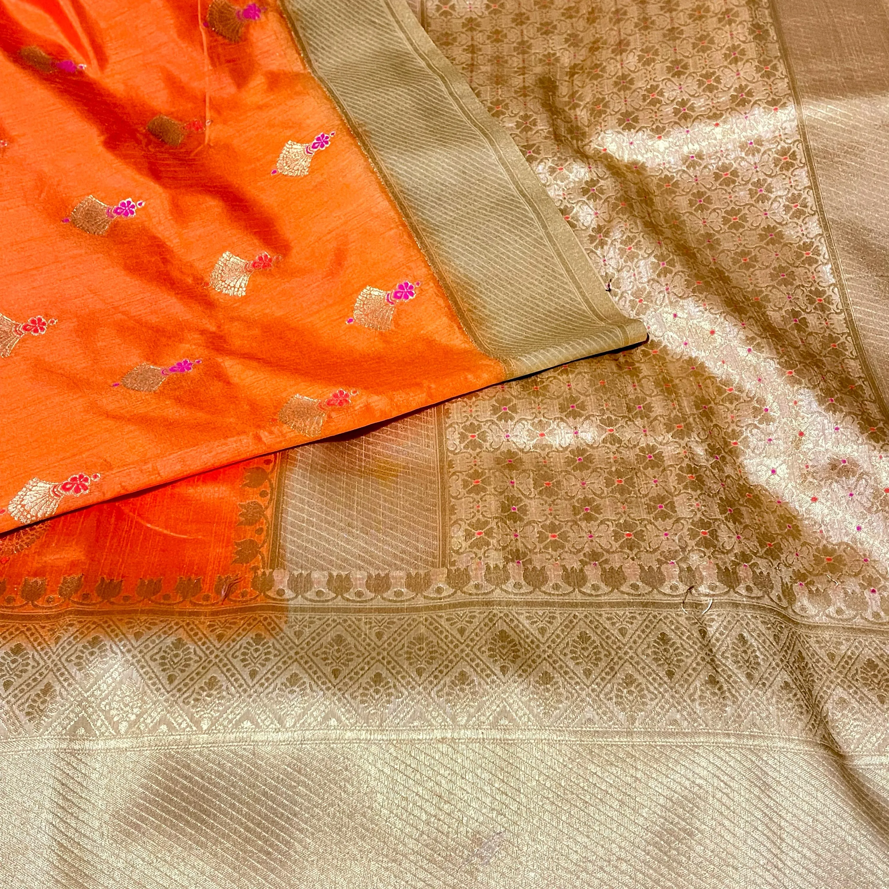Orange and Gold Banarasi Jute silk saree with stitched Blouse