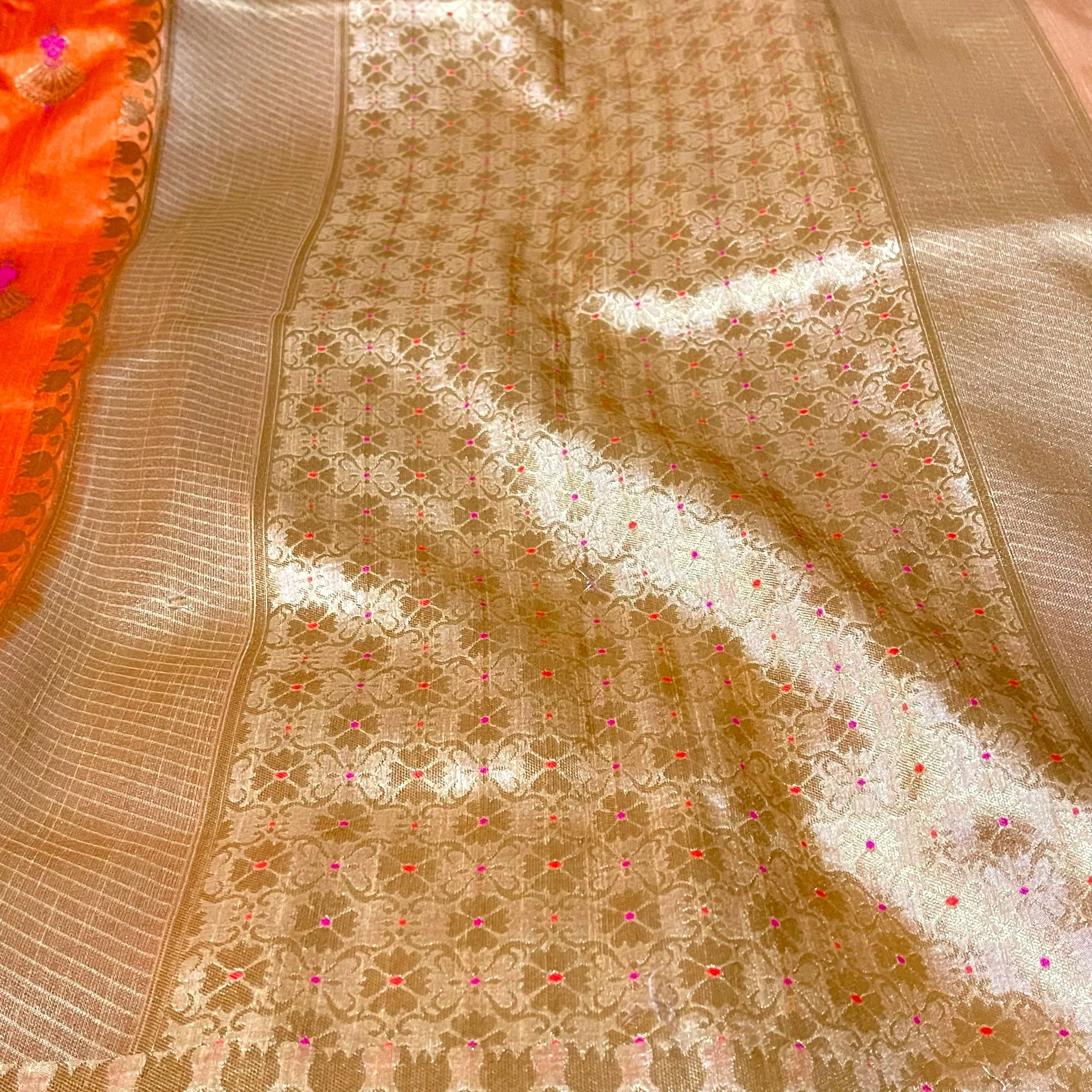 Orange and Gold Banarasi Jute silk saree with stitched Blouse