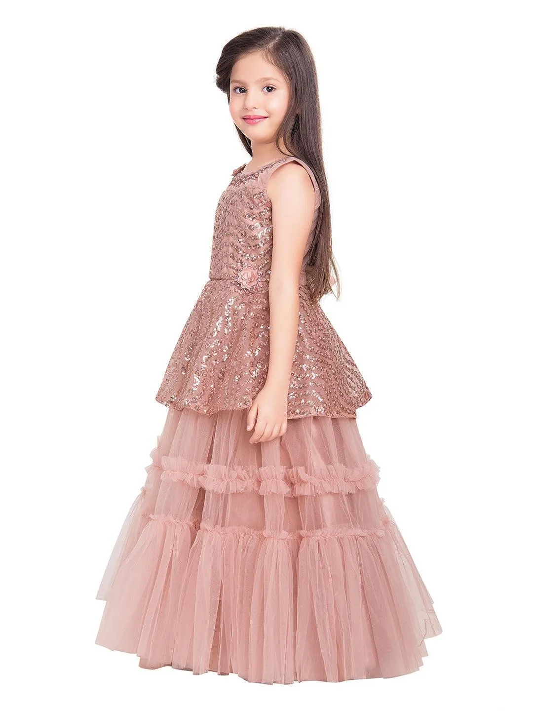 Orchid Coloured Embellished Peplum Styled Imported Net Gown For Girls