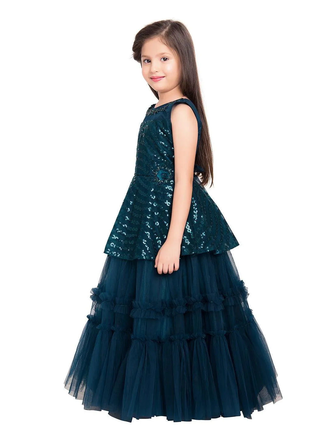 Orchid Coloured Embellished Peplum Styled Imported Net Gown For Girls