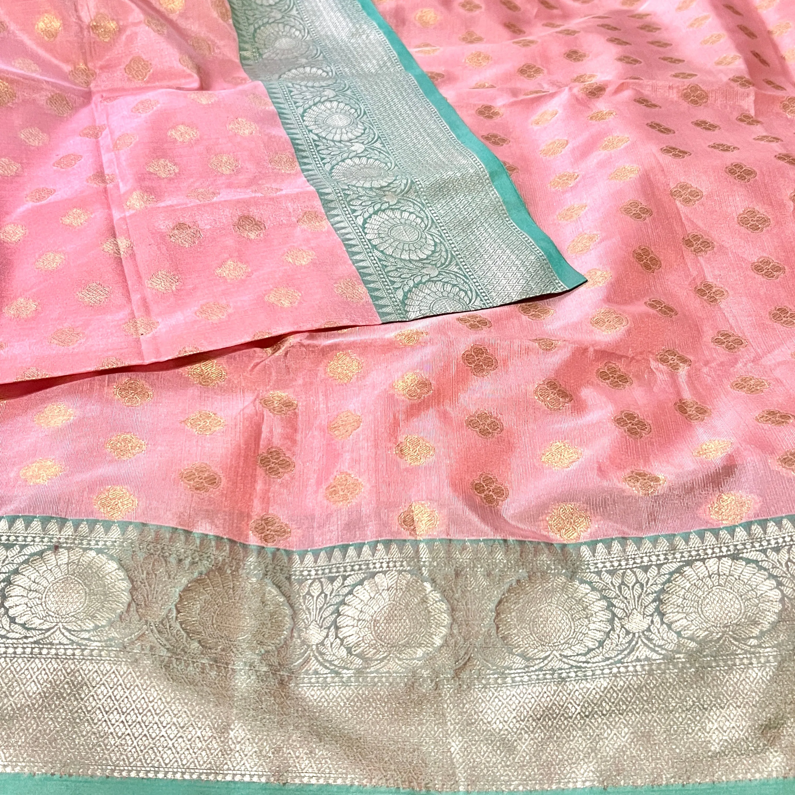Pastel Pink & Mint Green Banarasi Tanchoi Silk Saree with Stitched Blouse