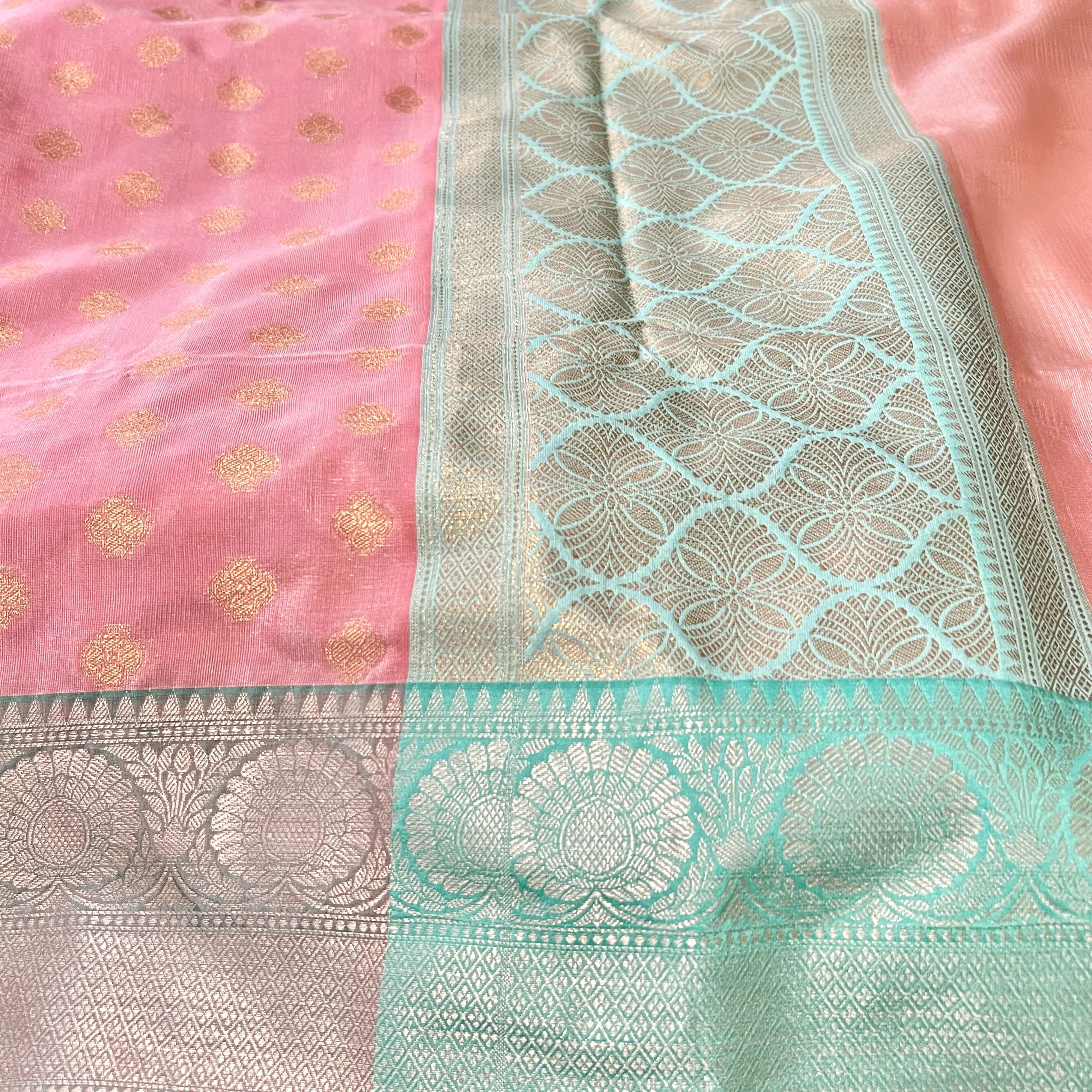 Pastel Pink & Mint Green Banarasi Tanchoi Silk Saree with Stitched Blouse