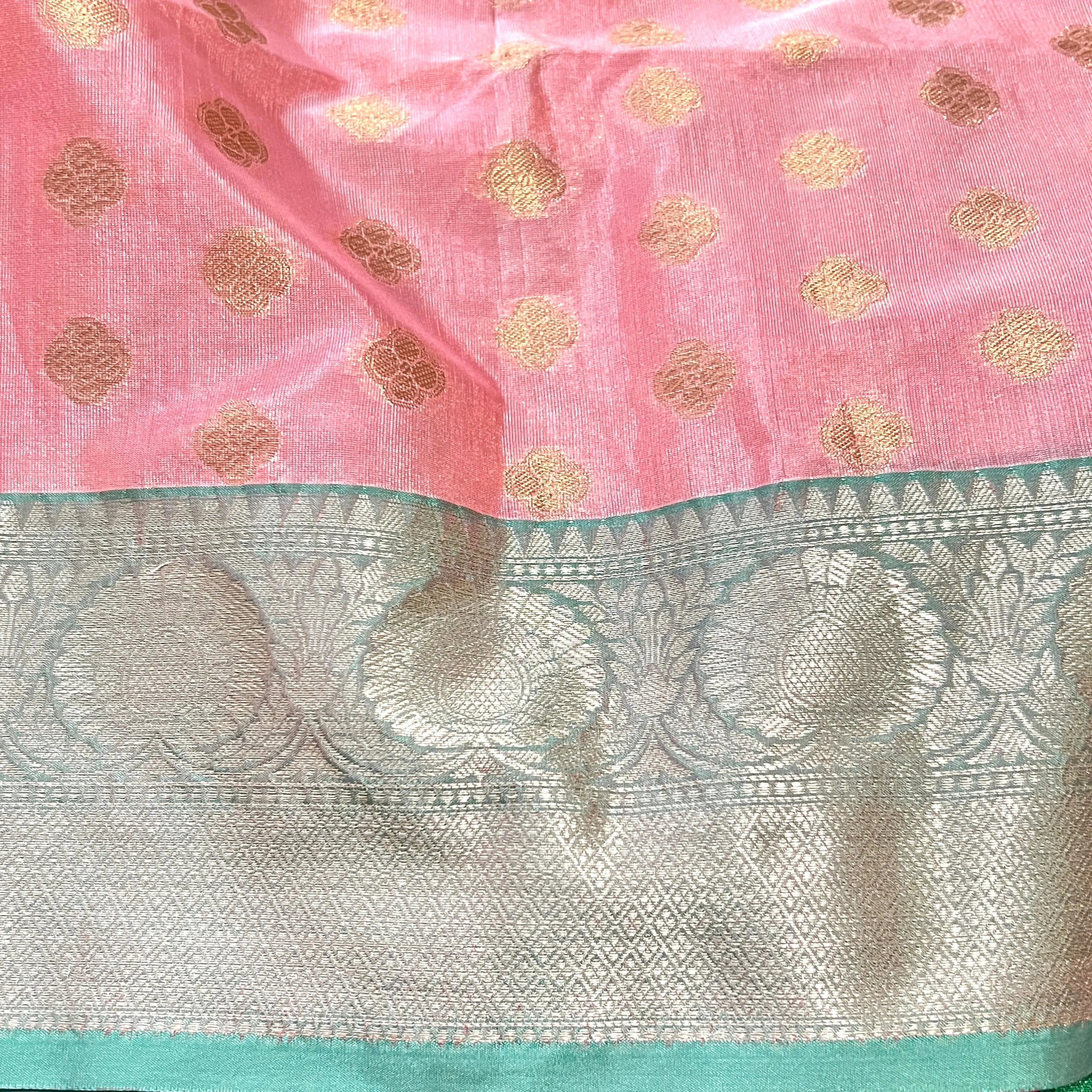 Pastel Pink & Mint Green Banarasi Tanchoi Silk Saree with Stitched Blouse