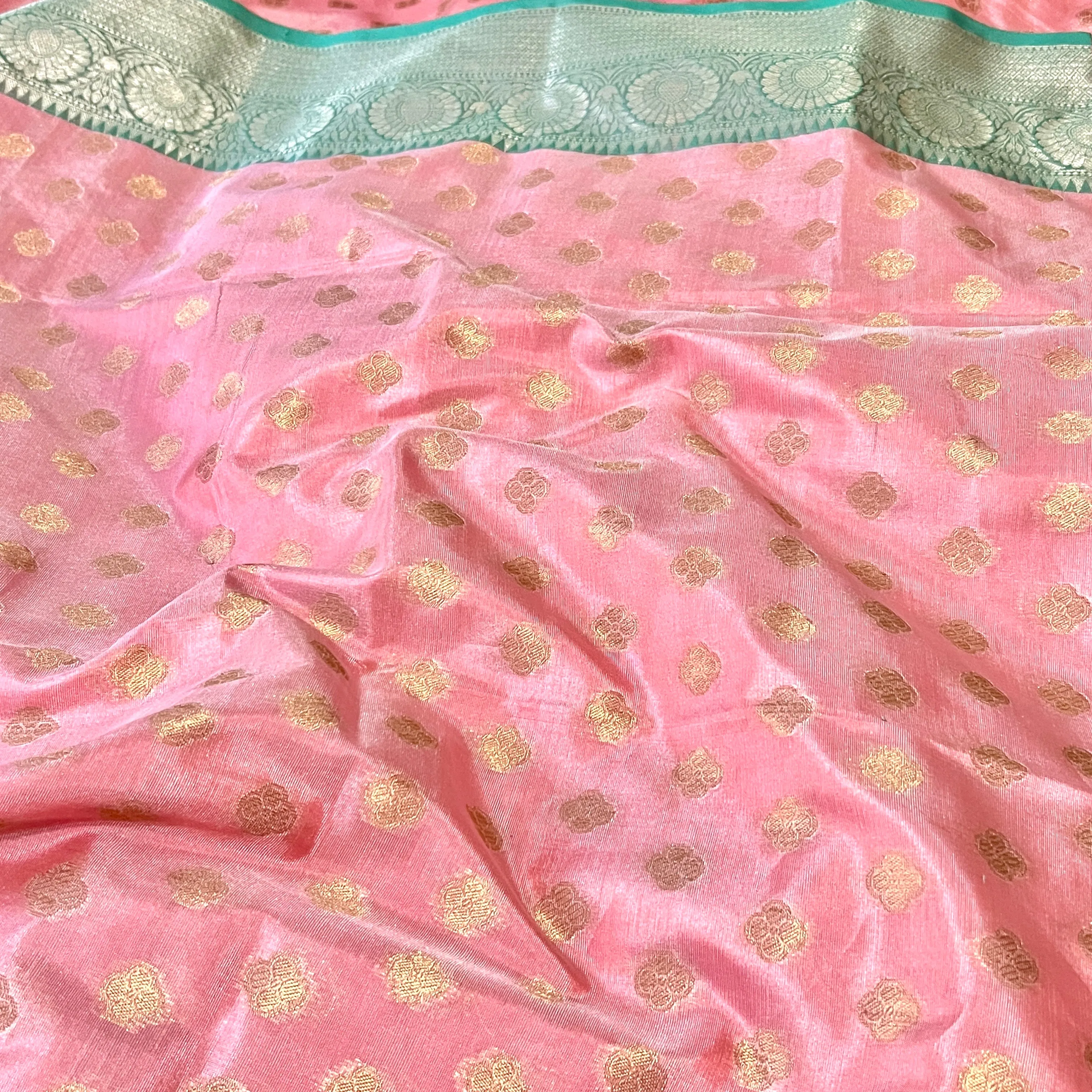Pastel Pink & Mint Green Banarasi Tanchoi Silk Saree with Stitched Blouse