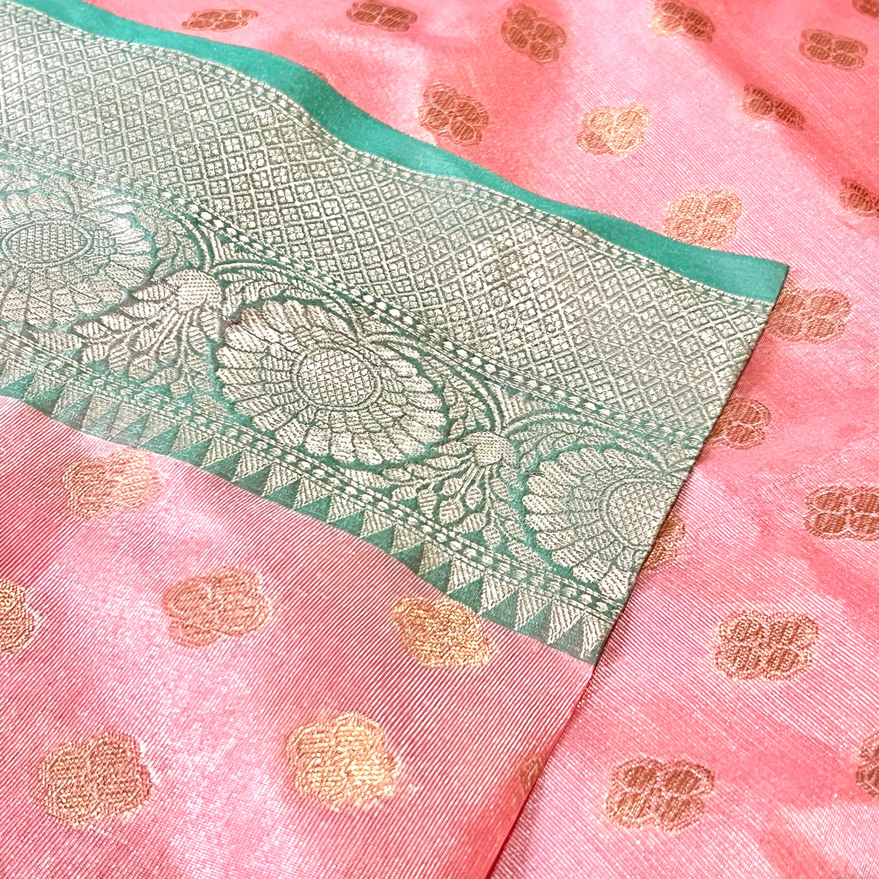 Pastel Pink & Mint Green Banarasi Tanchoi Silk Saree with Stitched Blouse