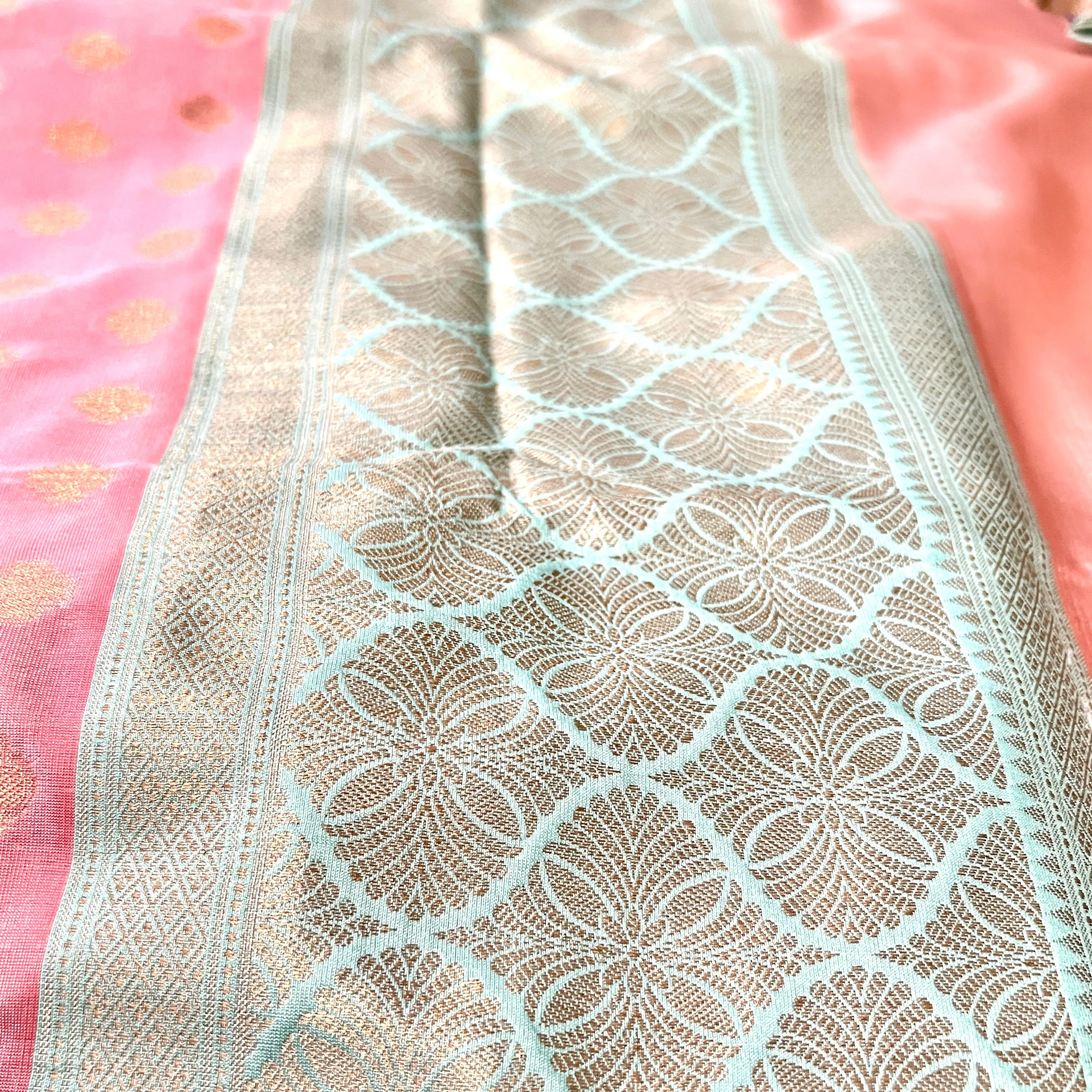 Pastel Pink & Mint Green Banarasi Tanchoi Silk Saree with Stitched Blouse