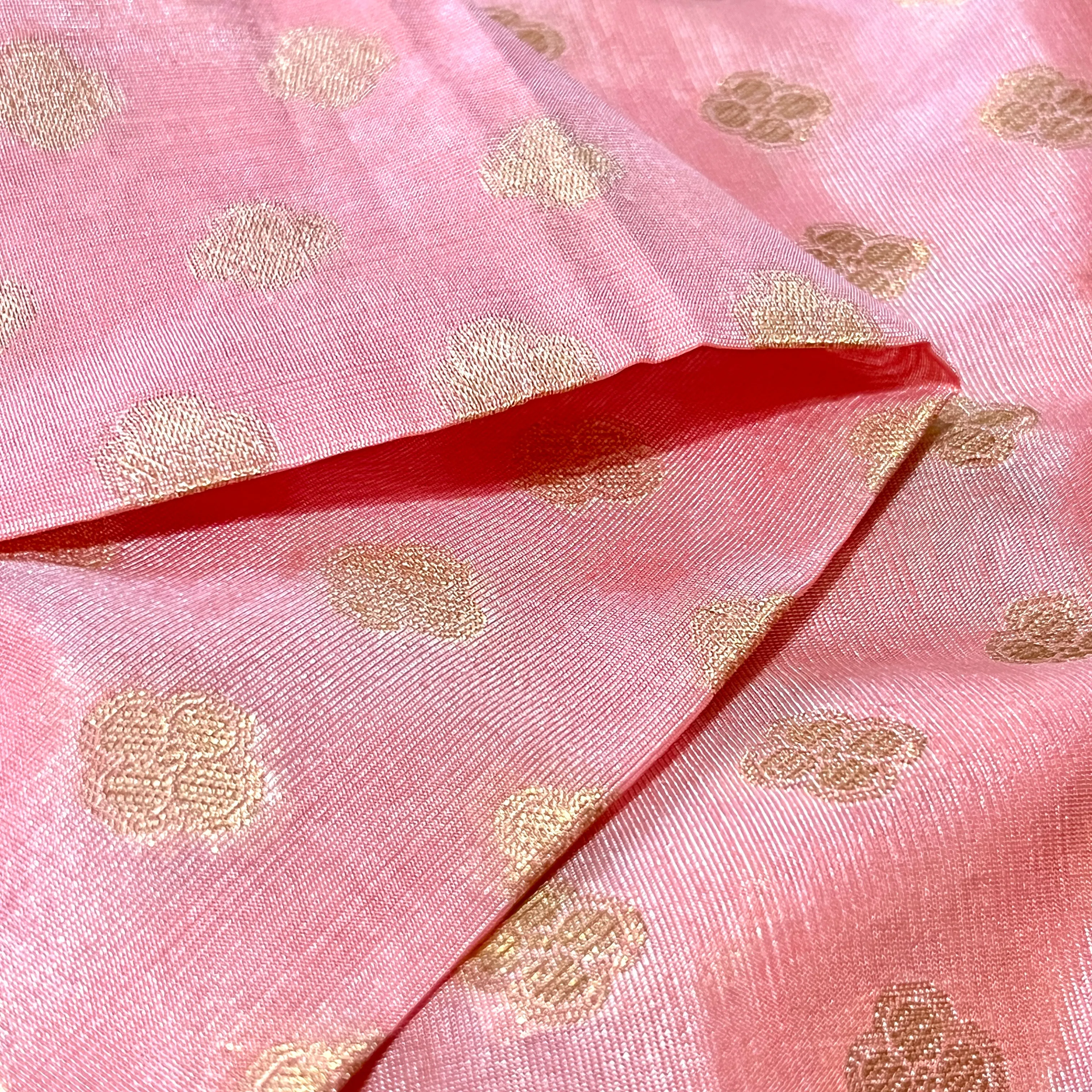 Pastel Pink & Mint Green Banarasi Tanchoi Silk Saree with Stitched Blouse