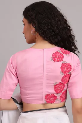 Rose Embroidered Cotton Blouse  Pink