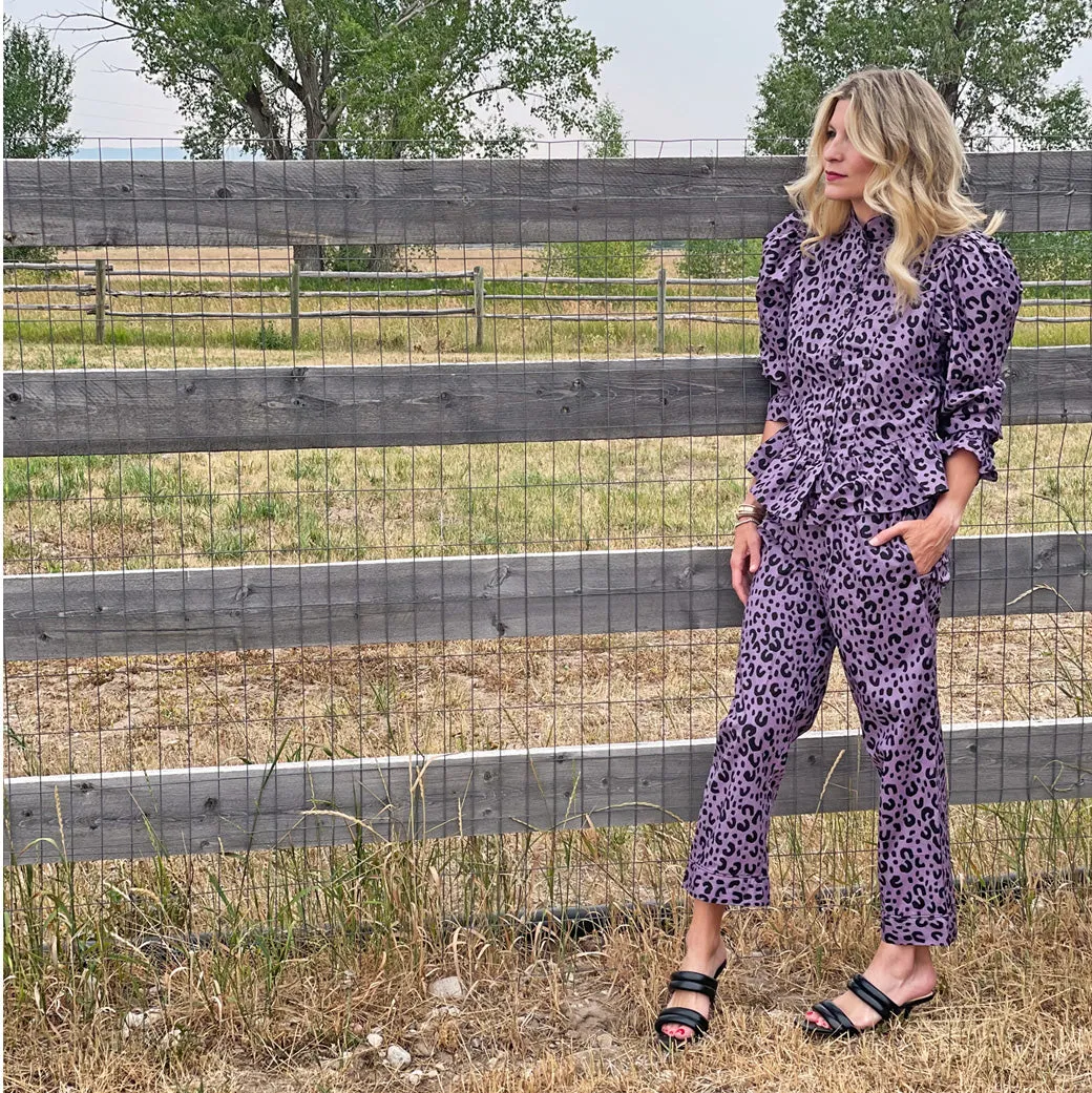 SAMPLE - Peplum Puff Sleeve Button Down - Purple Cheetah - Final Sale