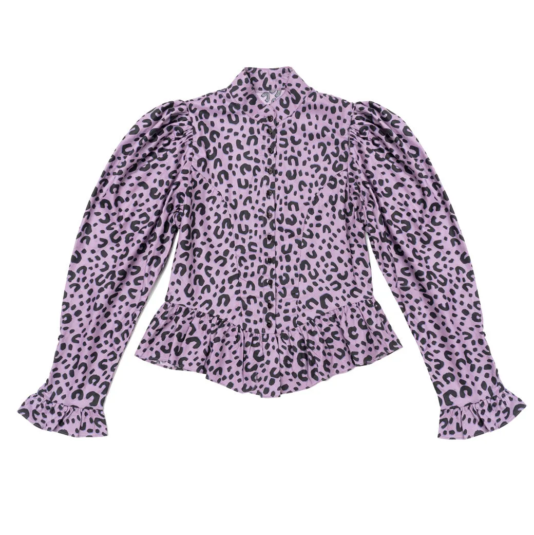 SAMPLE - Peplum Puff Sleeve Button Down - Purple Cheetah - Final Sale