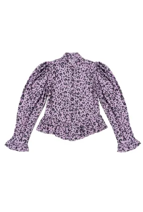 SAMPLE - Peplum Puff Sleeve Button Down - Purple Cheetah - Final Sale