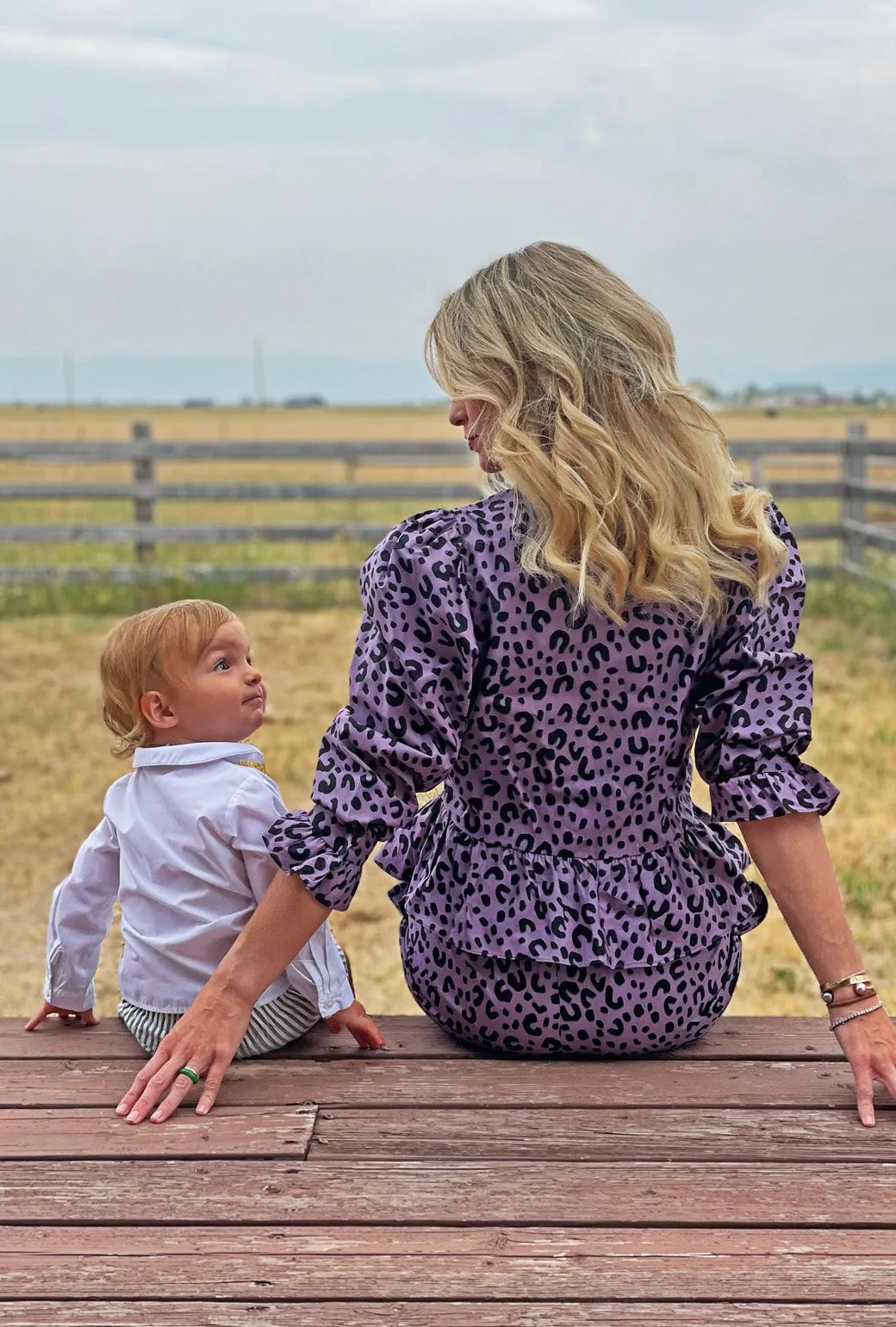 SAMPLE - Peplum Puff Sleeve Button Down - Purple Cheetah - Final Sale