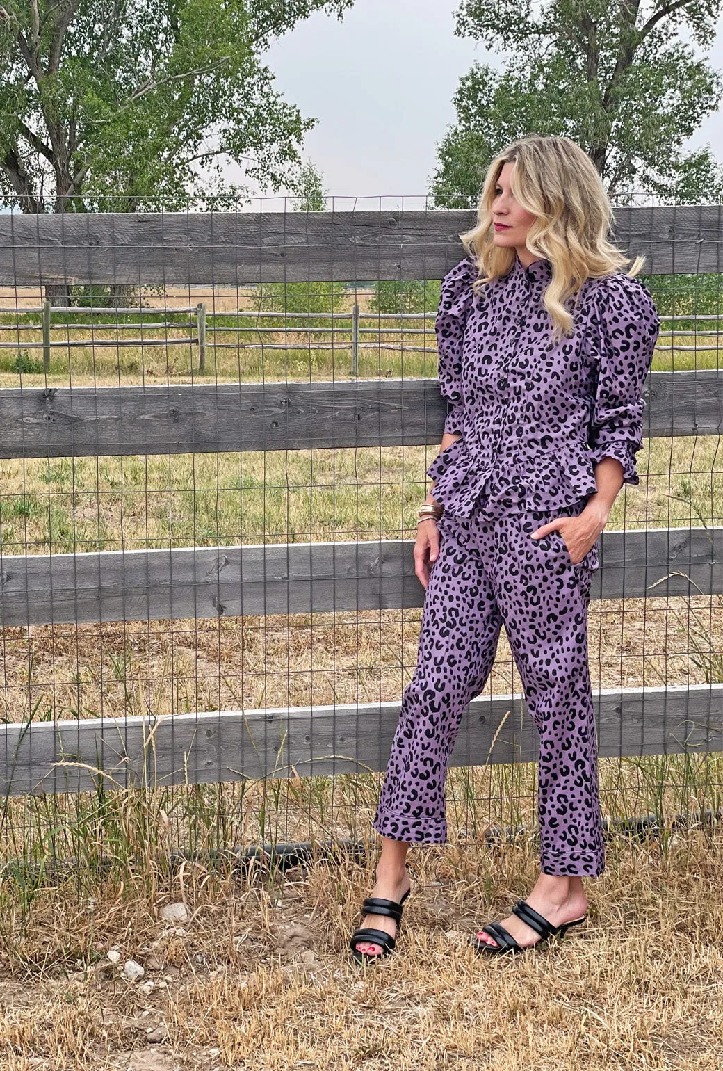 SAMPLE - Peplum Puff Sleeve Button Down - Purple Cheetah - Final Sale
