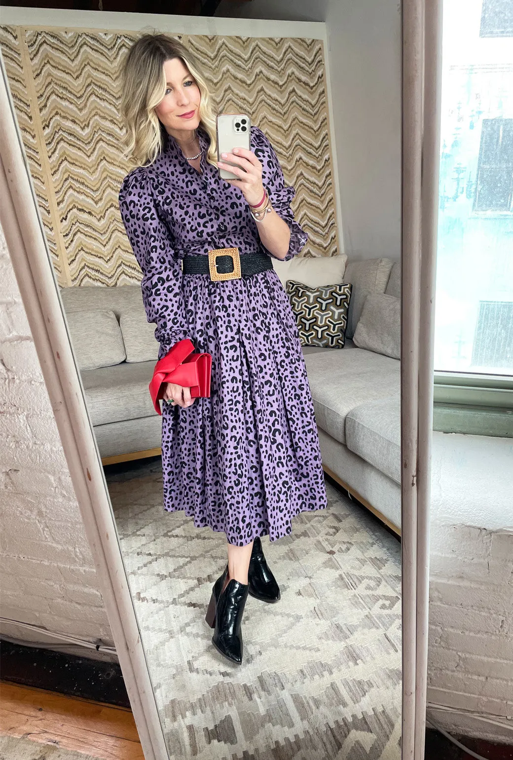 SAMPLE - Peplum Puff Sleeve Button Down - Purple Cheetah - Final Sale