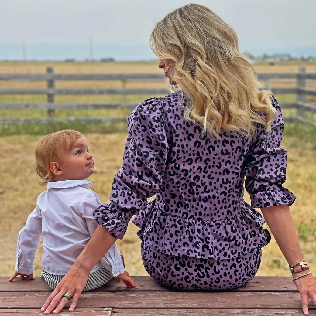 SAMPLE - Peplum Puff Sleeve Button Down - Purple Cheetah - Final Sale