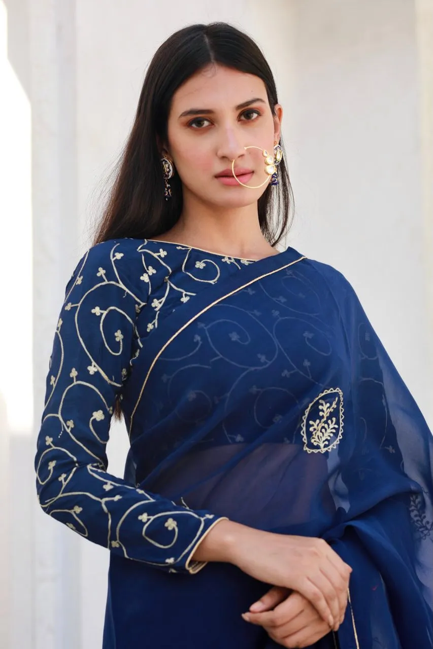 Shreeja navy blue silk organza saree
