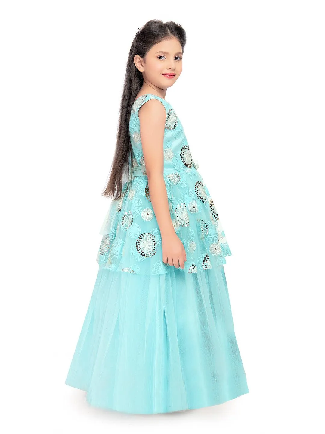 Sky Blue Coloured Peplum Style Top Gown For Girls