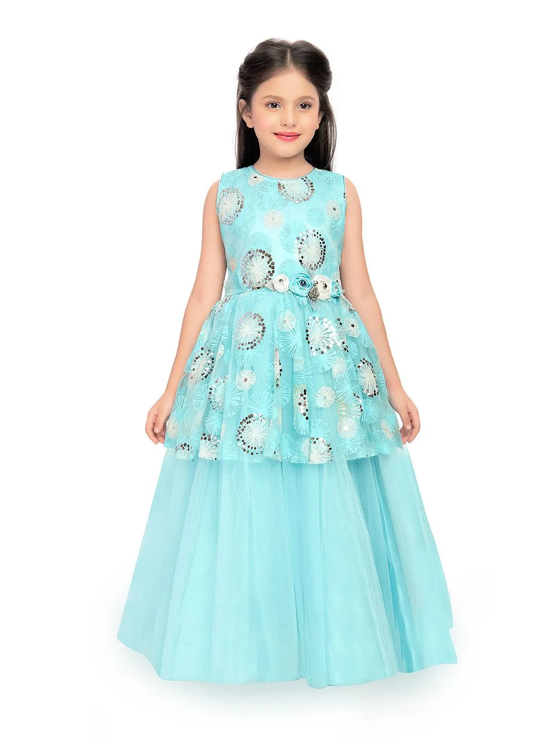 Sky Blue Coloured Peplum Style Top Gown For Girls