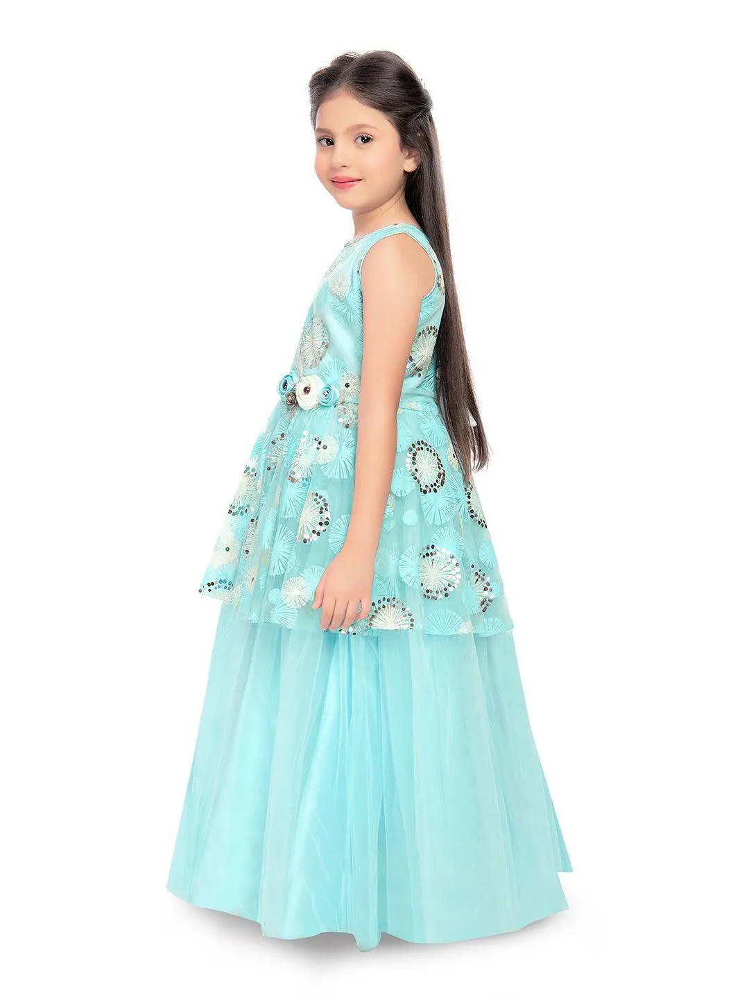 Sky Blue Coloured Peplum Style Top Gown For Girls