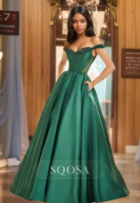 Sleeveless Beaded Sweetheart A-Line Dinner Gowns Pleated Floor-Length Formal Prom Dress