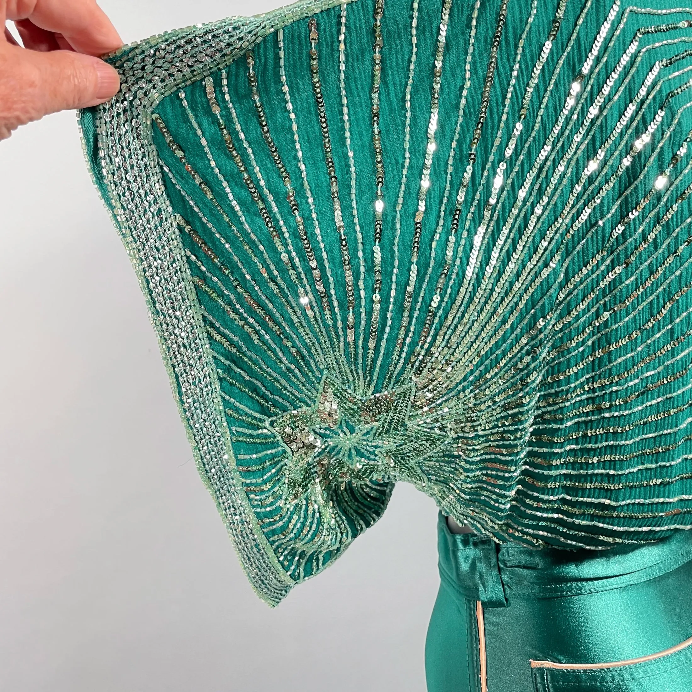 SOLD Vintage Turquoise Silk Beaded/Sequin Crop Top/Shrug, Stars Celestial Top S