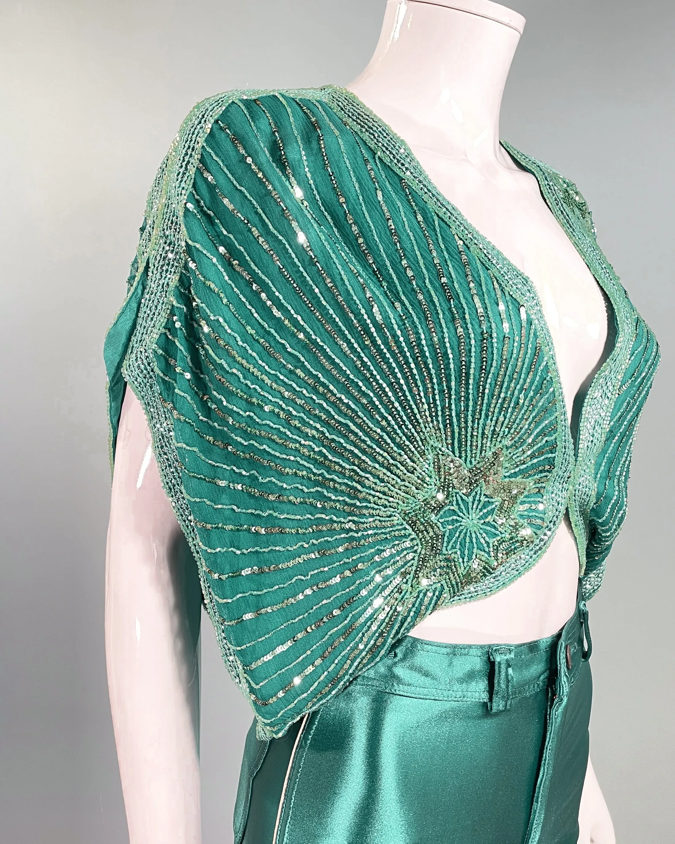SOLD Vintage Turquoise Silk Beaded/Sequin Crop Top/Shrug, Stars Celestial Top S