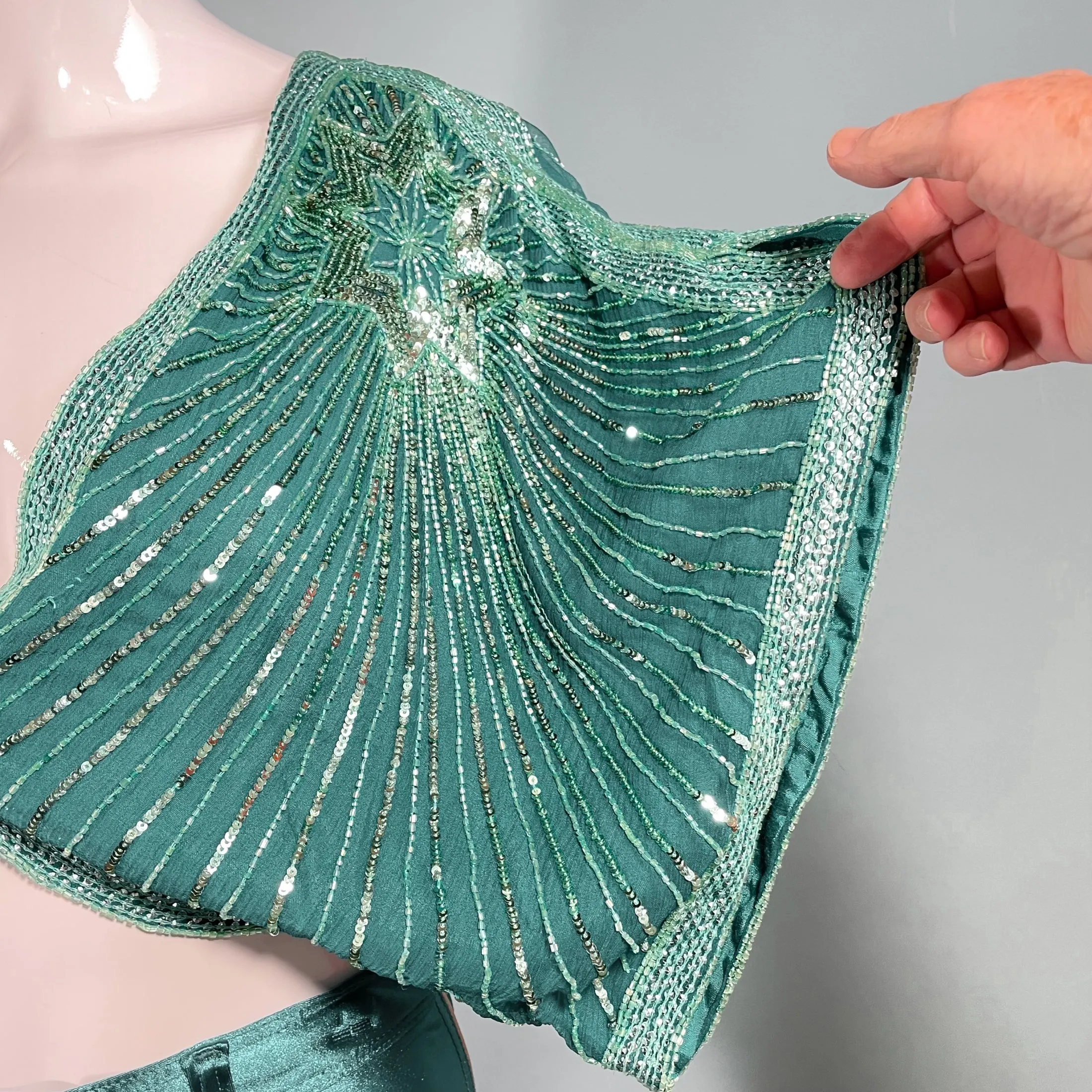 SOLD Vintage Turquoise Silk Beaded/Sequin Crop Top/Shrug, Stars Celestial Top S