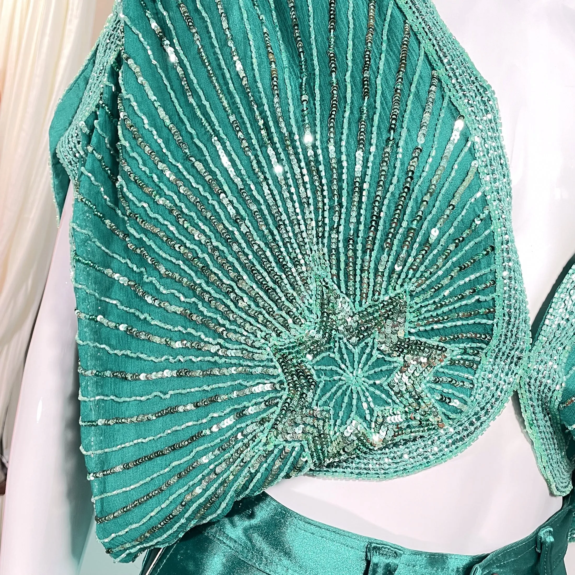 SOLD Vintage Turquoise Silk Beaded/Sequin Crop Top/Shrug, Stars Celestial Top S