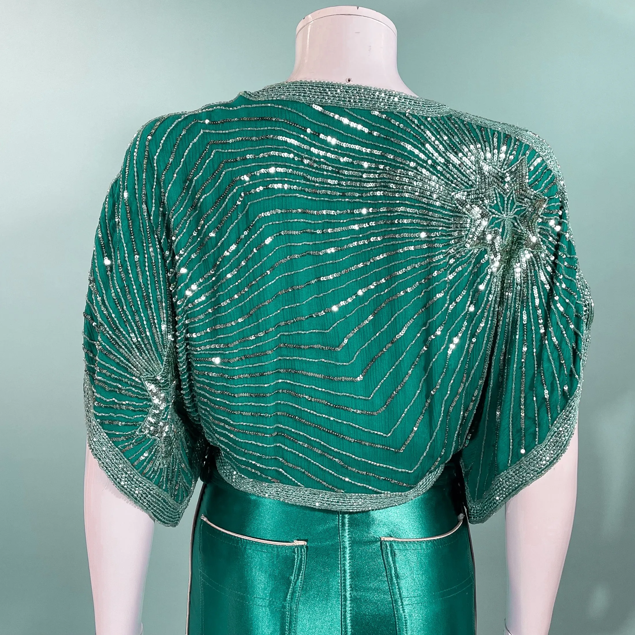 SOLD Vintage Turquoise Silk Beaded/Sequin Crop Top/Shrug, Stars Celestial Top S