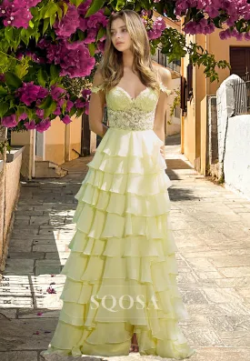 Spaghetti Straps V-Neck Sleeveless Formal Gowns Pleated Lace Applique Tiered A-Line Prom Dress
