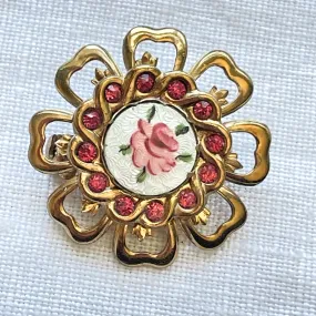 Sweet Small Vintage Guilloche Enamel Flower Brooch by Coro
