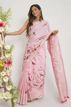Teejh Amolika Pink Pure Silk Linen Saree With Blouse Piece