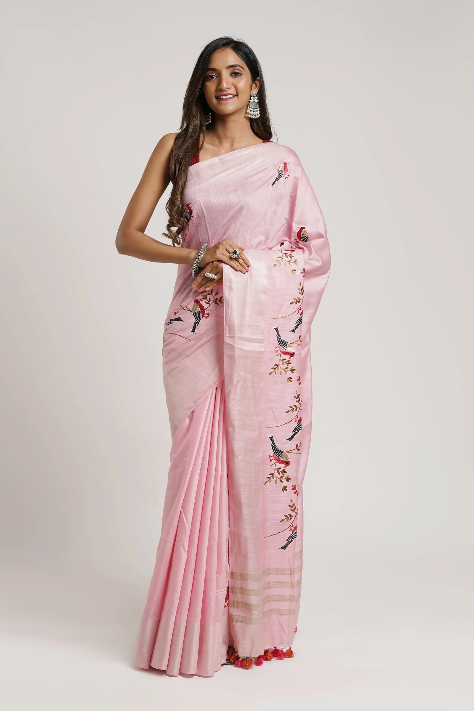 Teejh Amolika Pink Pure Silk Linen Saree With Blouse Piece