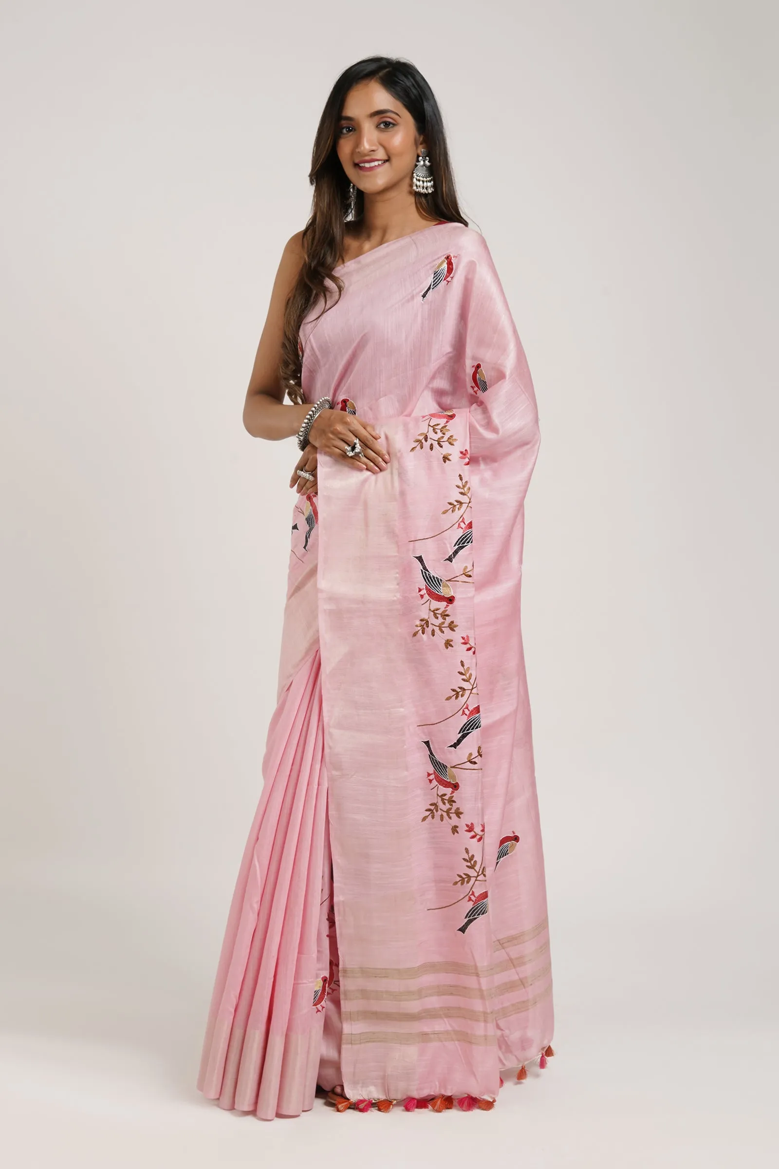 Teejh Amolika Pink Pure Silk Linen Saree With Blouse Piece
